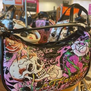 Ed Hardy Pink Skull & Rose Shoulder Bag with Black Trim